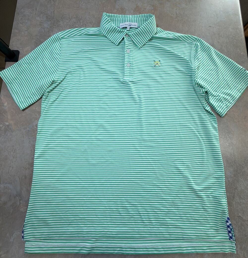 Bald Head Blues Polo Shirt XL Green White Stripe Blue Gingham Accents